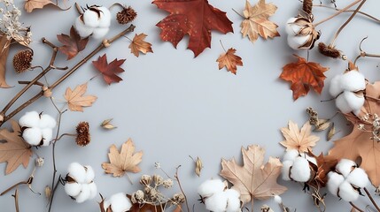Poster - Autumn composition Frame made of cotton flowers dried maple leaves on pastel gray background Autumn fall concept Flat lay top view copy space : Generative AI