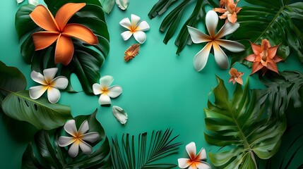 Poster - Creative nature layout made of tropical leaves and flowers Flat lay Summer concept : Generative AI