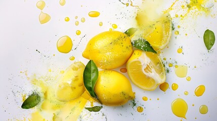 Poster - Creative layout made of lemon with watercolor spots on the white background Flat lay Food concept : Generative AI