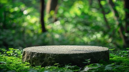 Poster - Stone podium tabletop on grass floor in outdoors fresh green tropical forest nature landscape backgroundHealthy natural product present placement pedestal stand displayspring summer ju : Generative AI