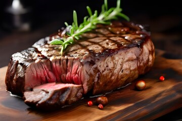 Wall Mural - Delicious beef steak on wooden table, close-up