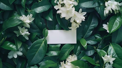 Aufkleber - Creative layout made of green leaves and white flowers with paper card note Flat lay Nature concept : Generative AI
