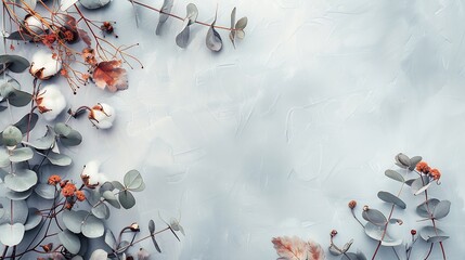 Poster - Autumn composition Frame made of eucalyptus branches cotton flowers dried leaves on pastel gray background Autumn fall concept Flat lay top view copy space : Generative AI