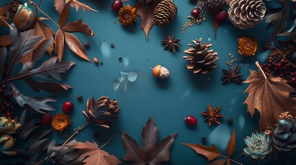 Poster - Autumn composition Autumn flowers and leaves acorn pine cone anise star Flat lay top view copy space : Generative AI