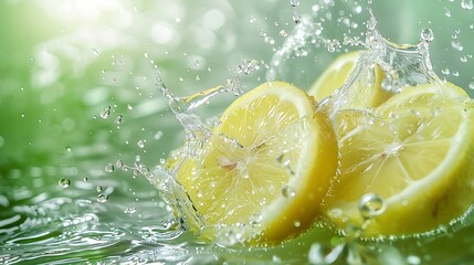Aufkleber - Creative layout made from Fresh Sliced lemon fruit and water Splashing on a green background : Generative AI