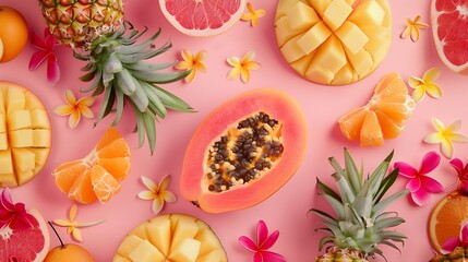Poster - Creative layout made of papaya grapefruit pineapple orange mangosteen and flowers on pink background  Tropical flat lay Summer fruits concept : Generative AI