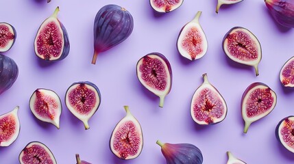 Aufkleber - Colorful fruit pattern of fresh figs on purple pastel background top view flat lay : Generative AI