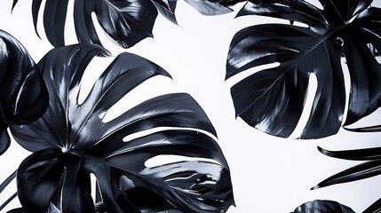 Poster - Creative floral layout of tropical monstera leaves spray painted in black on plain white background : Generative AI