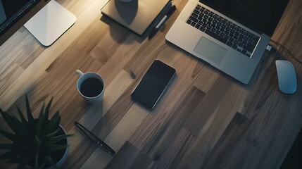 Aufkleber - Wood office desk table with smartphone laptop computer and supplies Top view with copy space flat lay : Generative AI