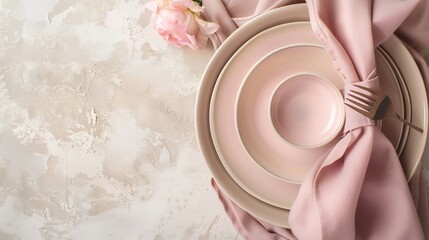 Poster - Beige ceramic plates and a pink napkin on a beige stone table Top view copy of space Table setting menu background layout recipe background food flat layout : Generative AI