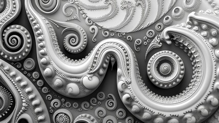 Wall Mural - Dark gray color 3d sculpture art of paisley abstract pattern background with swirl and spiral shapes