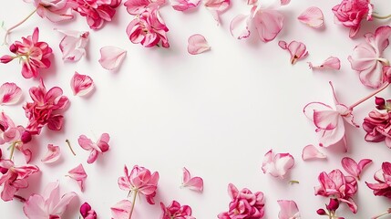 Poster - Flowers composition Frame made of pink flowers on white background Valentines Day background Flat lay top view copy space : Generative AI