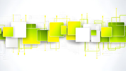 Wall Mural - 
A white background with a row of squares in various shades of green and yellow. The squares are arranged in a way that creates a sense of movement and energy. Generative AI