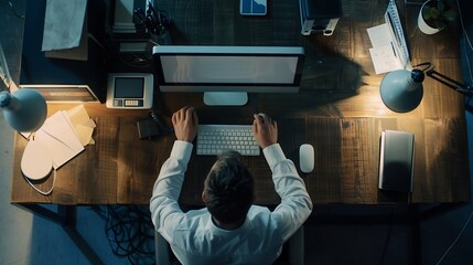 Leinwandbilder - new jobs concept Top view of a businessman using his work computer on a desk : Generative AI