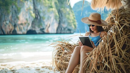 Wall Mural - Traveler woman relaxing on straw nests using tablet at Railay beach Krabi Asia business people on vacation at resort work with computer notebook Tourist travel Phuket Thailand summer h : Generative AI