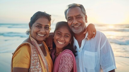 Happy senior indian couple with beautiful young daughter enjoying vacation at beach Copy space : Generative AI