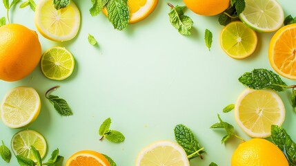 Aufkleber - Citrus slices and mint herbs frame on retro mint pastel background with copyspace from above Top view of lemon and orange refreshment Summer fruit smoothie minimal banner design : Generative AI