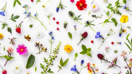 Aufkleber - Seamless pattern from plants wild flowers and  berries isolated on white background flat lay top view The concept of summer spring Mothers Day March 8 : Generative AI