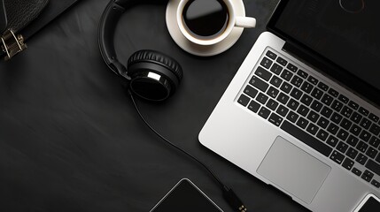 Aufkleber - Laptop headphone stationery and coffee cup on black leather Flat lay and top view : Generative AI