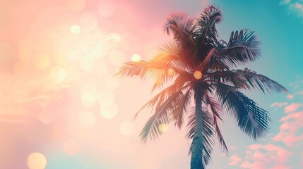 Poster - Copy space of silhouette tropical palm tree on sunset sky with bokeh light leak abstract background Summer vacation and nature travel adventure concept Pastel tone filter effect color  : Generative AI