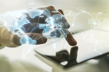 Poster - Abstract graphic digital world map with connections and finger presses on a digital tablet on background, globalization concept. Multiexposure