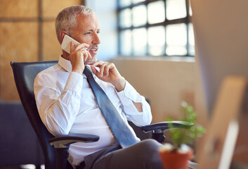 Poster - Mature businessman, CEO and phone call in office with problem solving for financial deal or negotiation. Executive, corporate employer and thinking with smartphone for investment contact and feedback