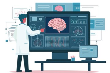 Poster - a man in a lab coat examining a brain scan on a computer screen. suitable for medical, technology or