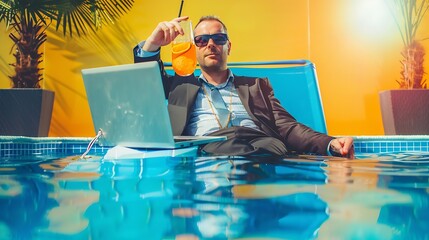 Crazy summer Business drink summer cocktail and using laptop in suit in water pool Fun business lifestyle Funny businessman dreams about summer Freelance concept summer travel Business : Generative AI