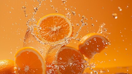 Poster - Creative layout made from Fresh Sliced oranges and Orange fruit and water Splashing on a orange background : Generative AI