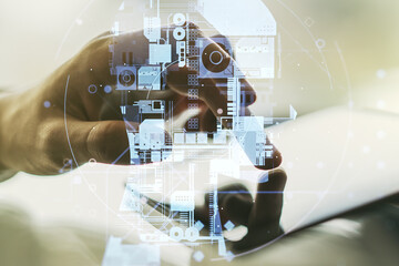 Poster - Double exposure of creative human head microcircuit and hand working with a digital tablet on background. Future technology and AI concept