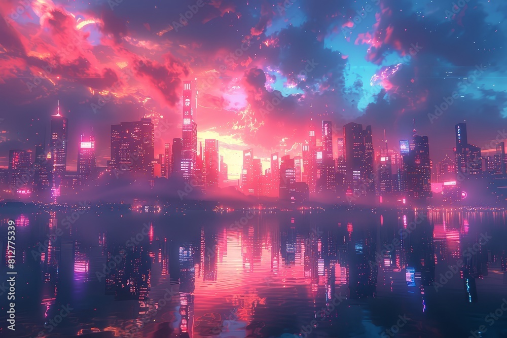 A futuristic cityscape at night, illuminated neon lights and ...