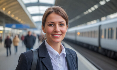 smiling woman in smart casual attire waiting on train station. busy platform, passengers, modern arc