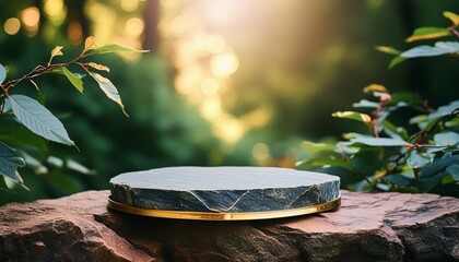 luxury natural stone podium with gold elements for showing packaging and product on natural background