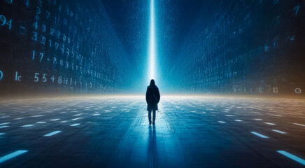 Poster - Person walking towards bright light in dark room filled with floating digital numbers. Represents exploration of virtual reality and cyber space discovery