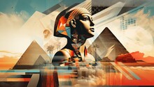 A Woman With A Headdress Stands In Front Of The Pyramids Of Egypt. The Image Is A Colorful And Abstract Representation Of The Ancient Civilization