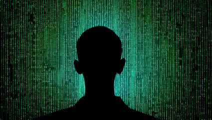 Poster - human figure stands before matrix of glowing green numbers. hacking encryption artificial intelligence green matrix profile human figure. technology internet data security online anonymity coding