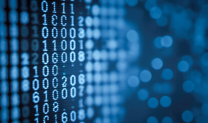 Poster - display of binary numbers on monitor. visualizing complex computations or algorithms in action. Blue digital binary data on computer screen with bokeh.