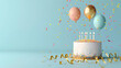 Birthday cake celebration with candle light , sprinkles,colorful ribbon on pastel color background.