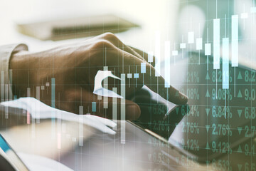 Poster - Abstract creative financial graph with finger clicks on a digital tablet on background, forex and investment concept. Multiexposure