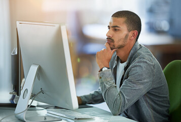 Leinwandbilder - Man, computer and thinking for graphic design in office for software programming, thoughts or project planning. Male person, desktop and it decision with media research for networking, skill or ideas