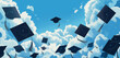 Graduation festive traditional outdoor ceremony throwing up academic hats. Grads caps flying in the air over the clouds. Congratulations.Generative Ai.