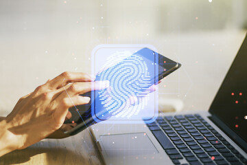 Aufkleber - Multi exposure of abstract graphic fingerprint sketch and hand working with a digital tablet on background, fingerprint scan data concept