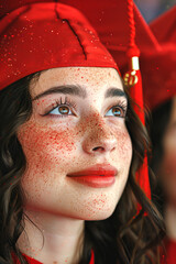 Wall Mural - Close portrait of graduate girl wearing red cap. Education and graduation theme.