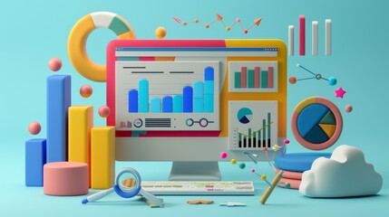 Poster - Illustration of 3D SEO Optimization, web analytics, and SEO marketing concepts.