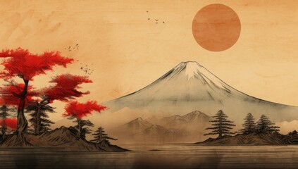 Poster - A painting of a mountain range with a large red sun in the background