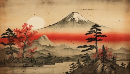 Wall Mural - A painting of a mountain range with a large red sun in the background