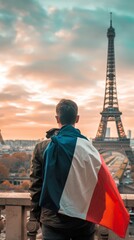 A French man holding a French flag with the Eiffel Tower in the background 