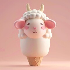 Wall Mural - A front shot of a lovely sheep ice cream, light gradient background color, clay material, smooth texture, cartoon style, minimalist design, 3D oc render, front lighting, full shot