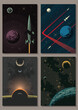 Cosmic Background Set. Open Space, Planets, Moons, Stars, Nebulas. Retro Future Space Rockets. Vector Templates for Cosmic Posters, Covers, Illustrations 
