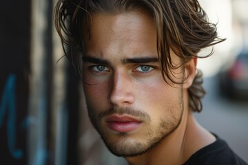 Poster - Closeup of a handsome young man with striking blue eyes and tousled hair